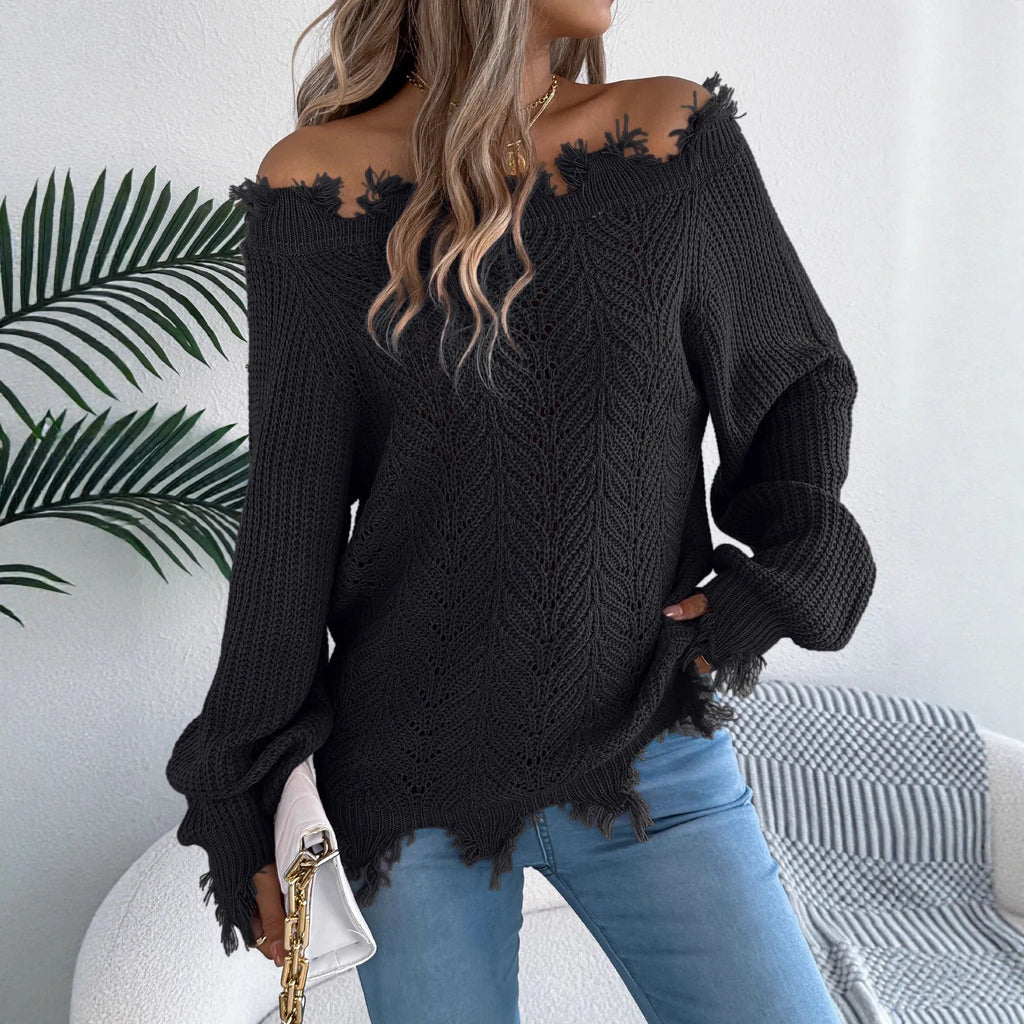 Hollow-out long-sleeved cut off-the-shoulder pullover sweater in artificial wool fabric
