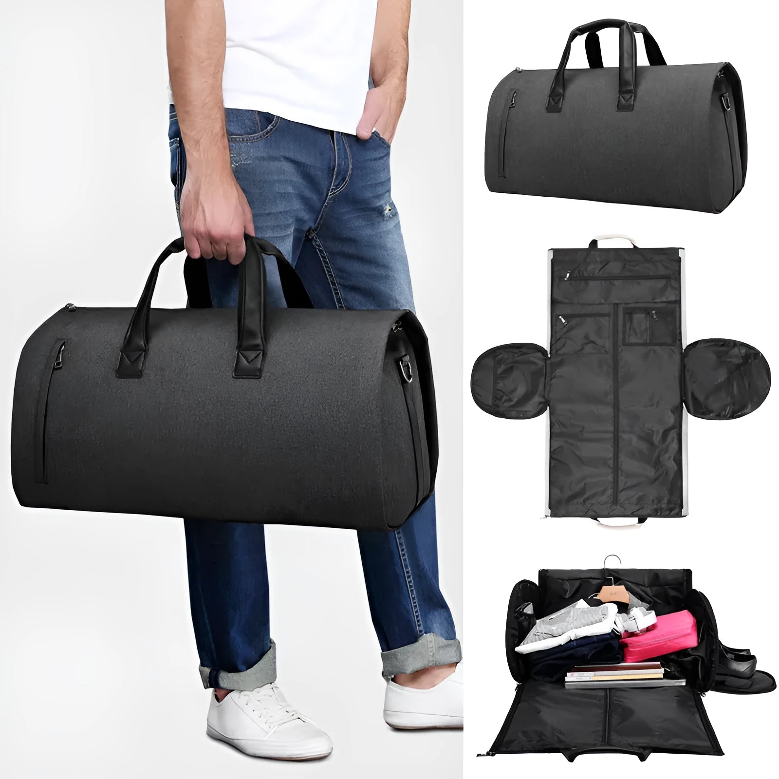 Medium oval travel bag in Oxford cloth with internal organisers for wet-dry separation.