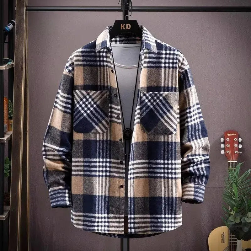 Men's plaid lapel shirt coat in red with long sleeves and cardigan style