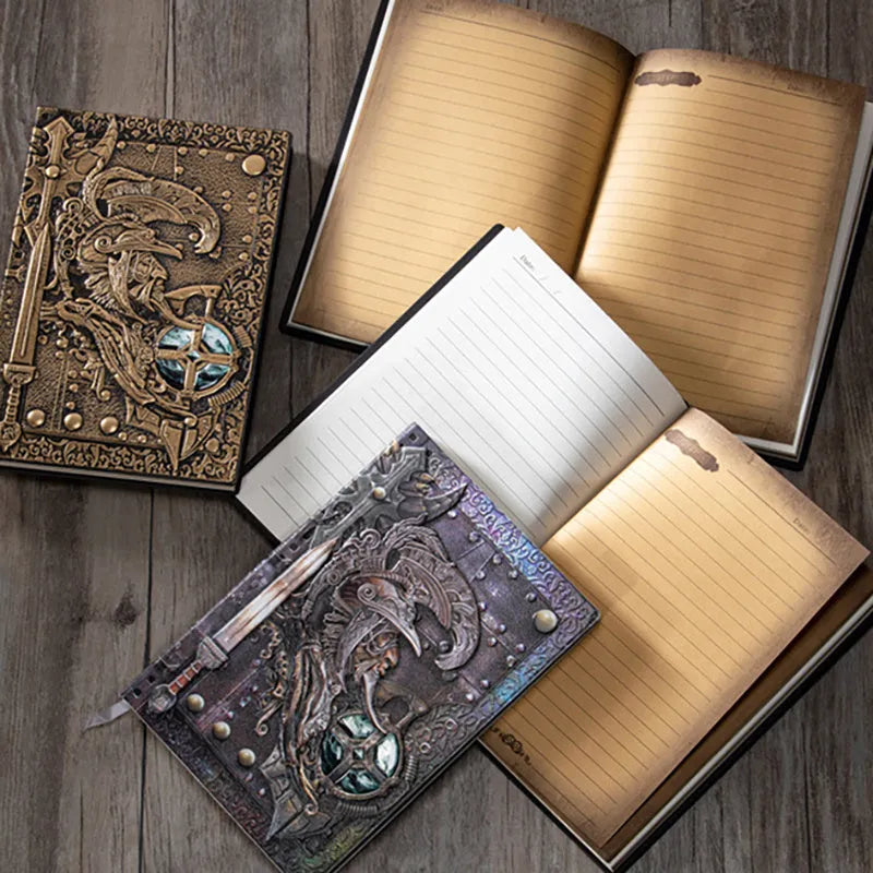 Creative retro A5 leather notebook with embossed 3D warriors relief design, shown open.