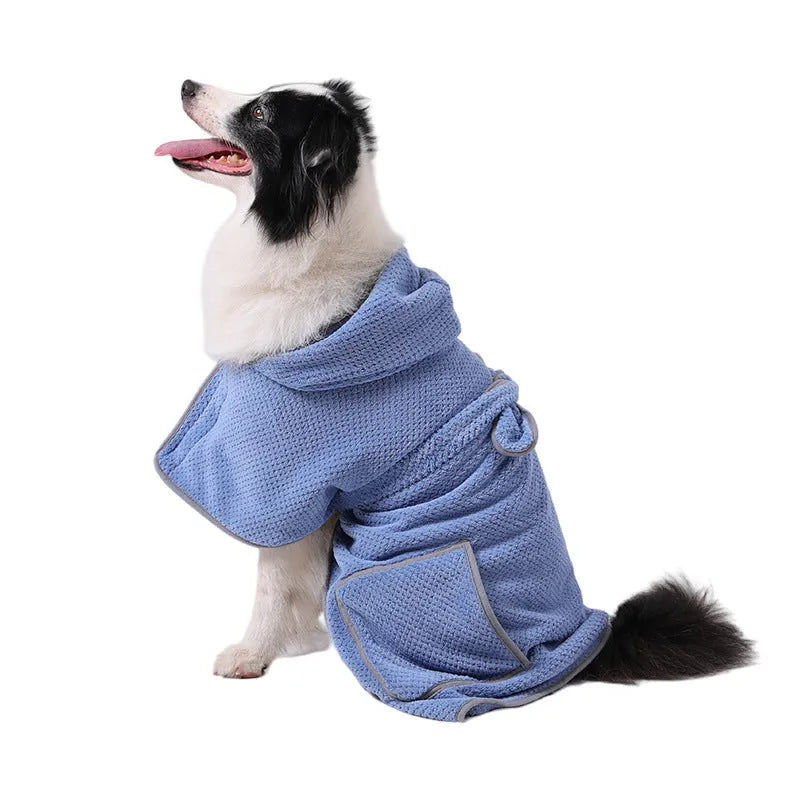 Blue microfiber dog bath robe towel wrapped around dog with adjustable waistband visible
