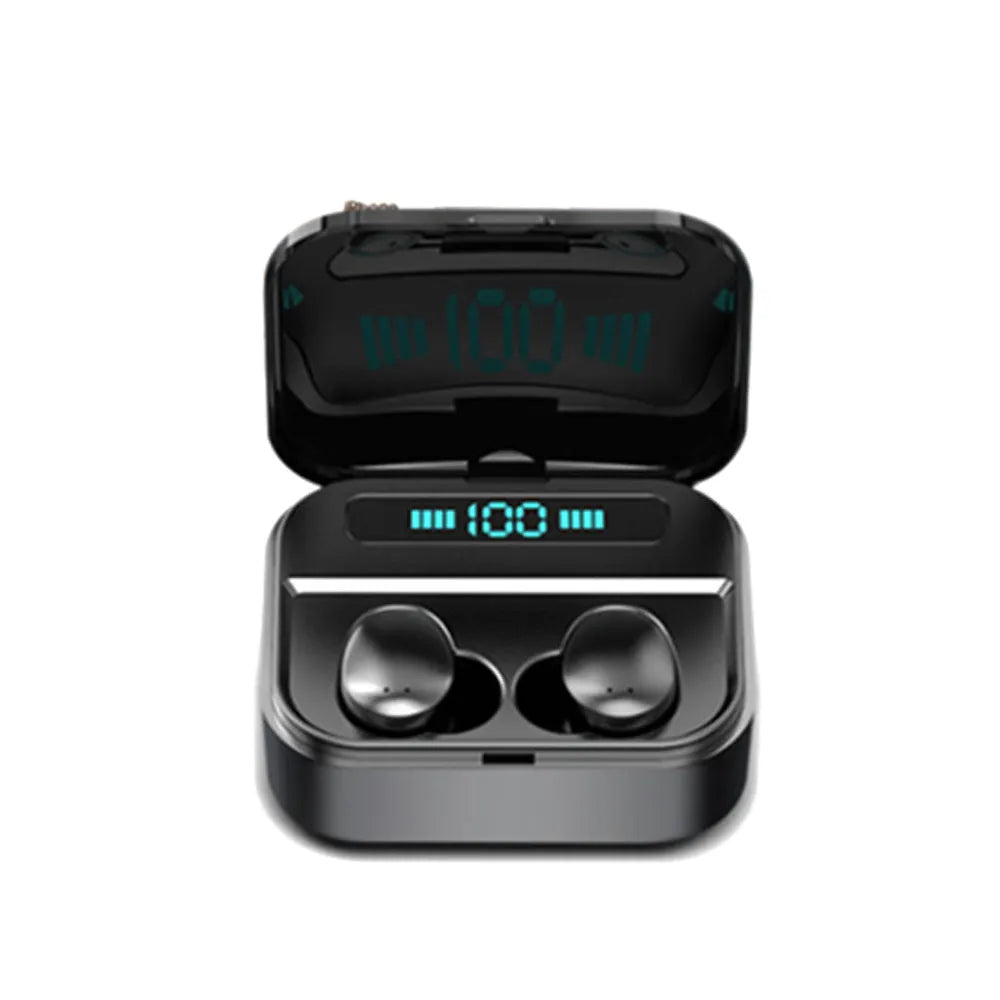 Black and white X7LED sports Bluetooth in-ear headphones with USB charging case