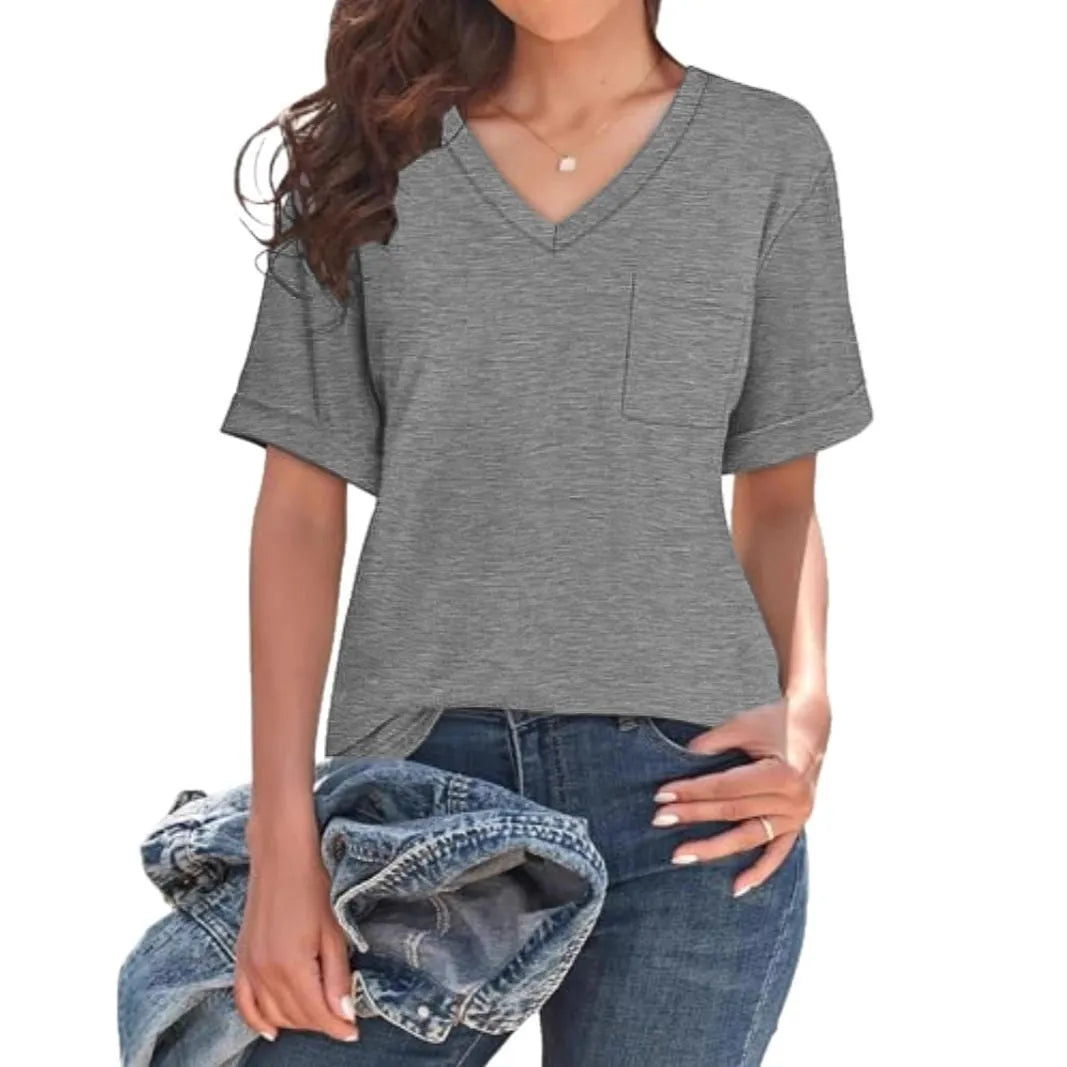 Grey loose-fit V-neck short sleeve t-shirt with a chest pocket on a solid background