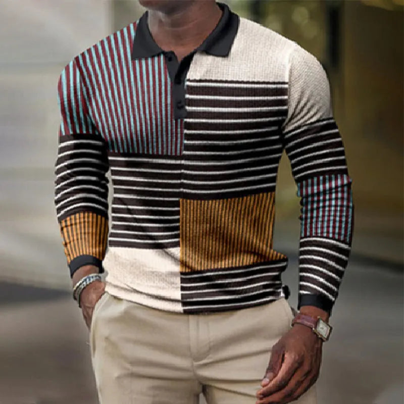Men's long-sleeved casual top with 3D printed stripe pattern in assorted colours.