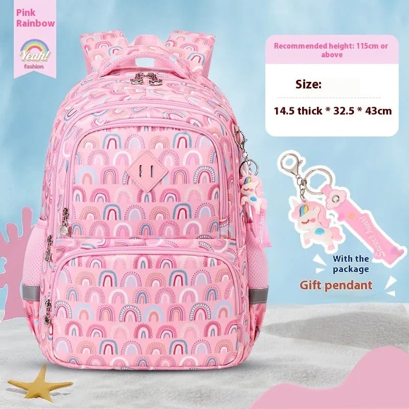 Children's waterproof school backpack with dinosaur pattern and curved shoulder straps