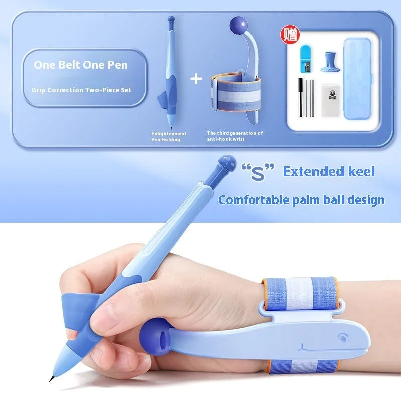 Blue anti-hook pen control corrector wrist brace on a child's hand holding a pencil.