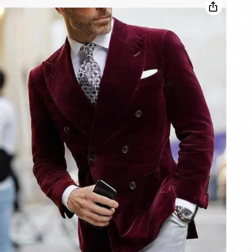 Men's slim-fit single coat suit jacket in cotton blend, available in black, wine red, and royal blue, sizes XXS to 7XL