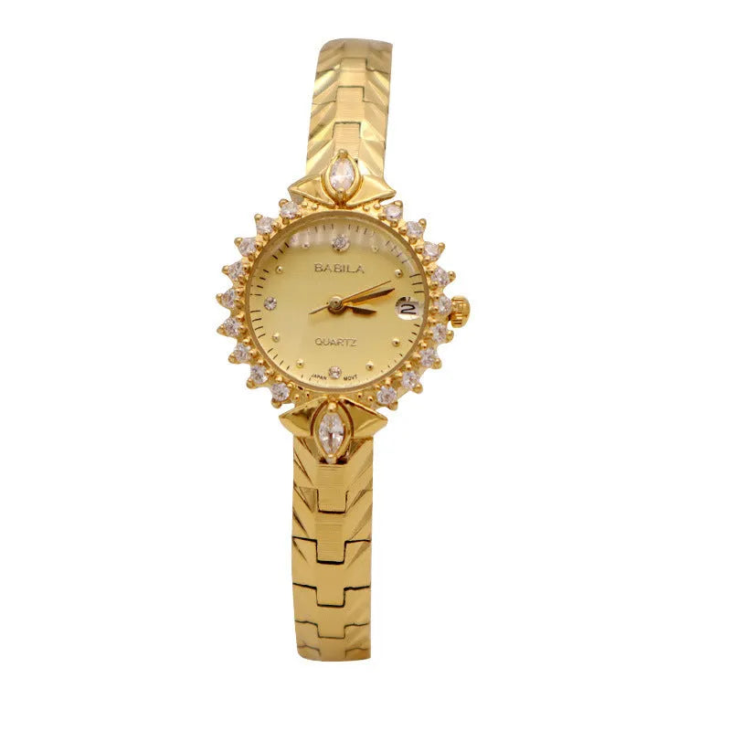 Women's vintage-style quartz watch with diamond-embossed gold bracelet