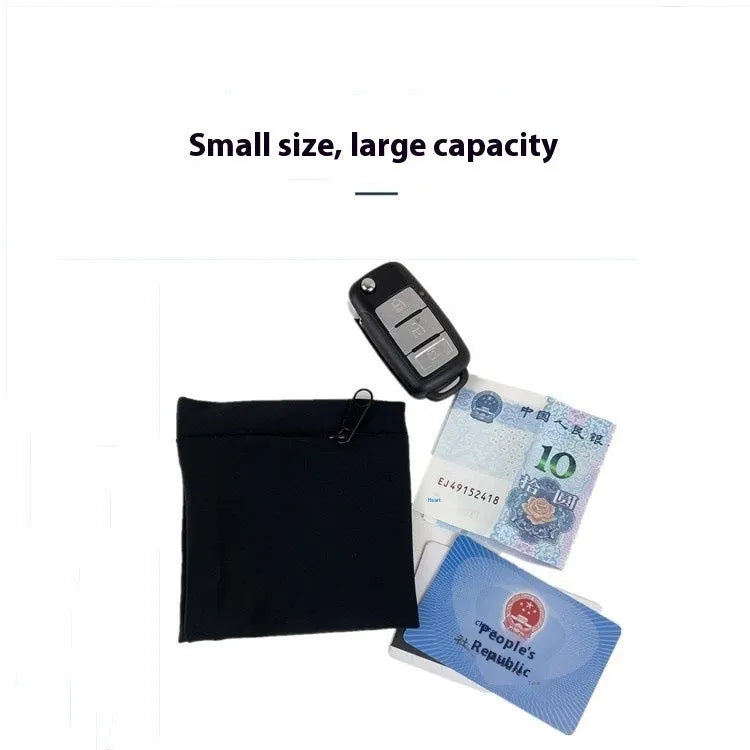 Black adjustable wrist bag with armband, showing zipped main compartment and external card slot on a person's forearm.