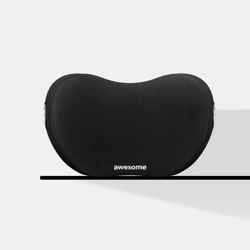 Black cloth headrest pillow and matching lumbar support pillow for car seats.