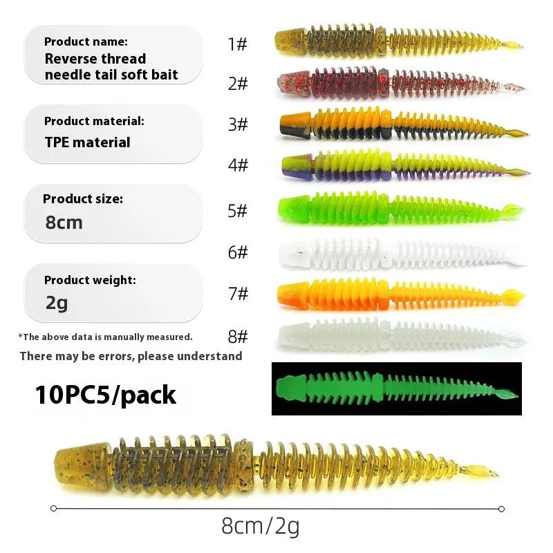 Soft plastic worm fishing lure with spoiler along its body and a twisted needle tail, shown in various colours.