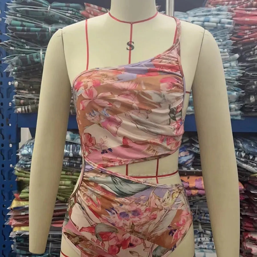 Women's patterned rose gold one-piece swimsuit with summer swimwear design