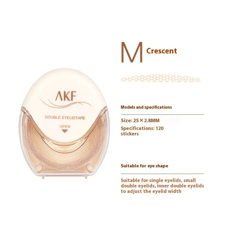 Double eyelid stickers in three lace patterns: Crescent S, Crescent M, and Olive M with 120 stickers per pack