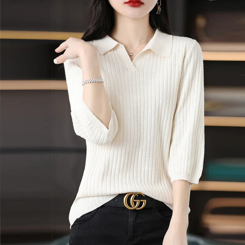 Women's loose striped polyester inner sweater pullover in camel