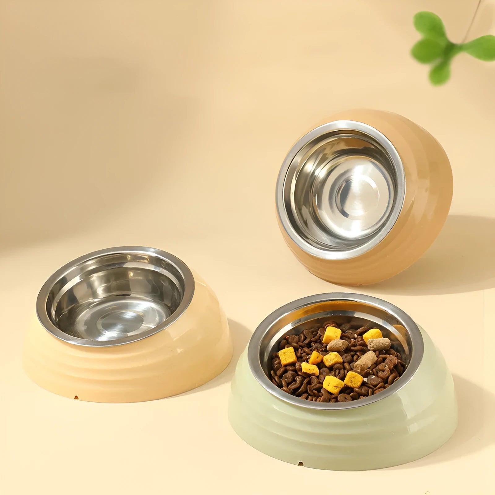 Stainless steel cat bowl in light green, beige, or brown colours for pet feeding