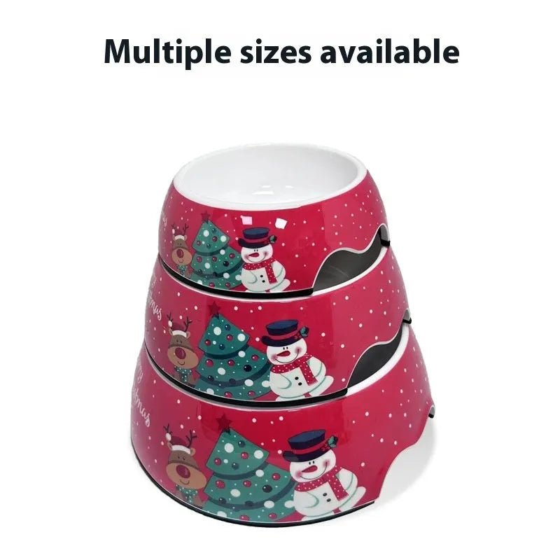 Red double-layer pet bowl with stainless steel insert, shown in three different sizes.