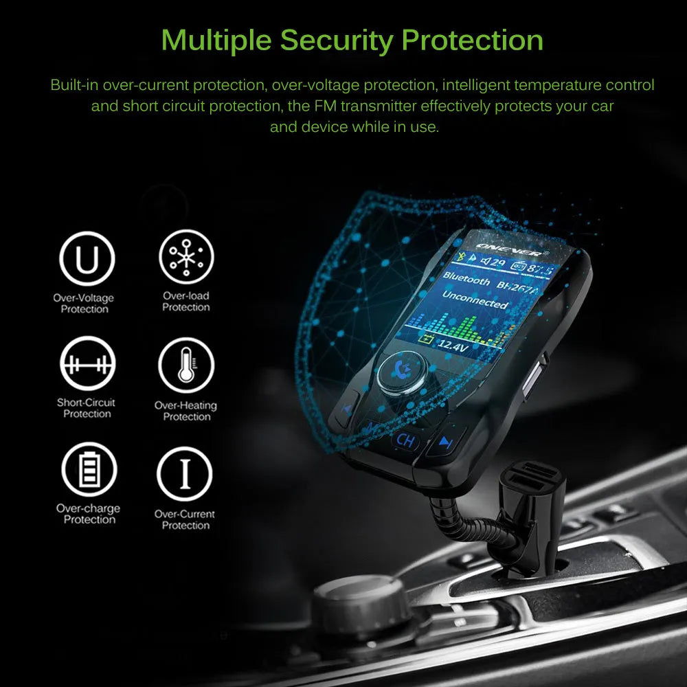 Black in-car Bluetooth FM transmitter with colour screen showing voltage, plugged into a car power socket.