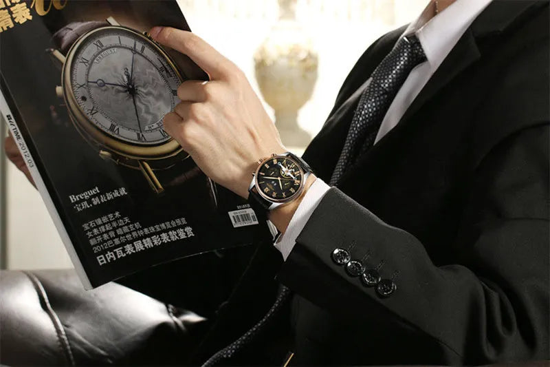 Automatic hollow tourbillon mechanical watch for men round alloy case 42mm dial leather band