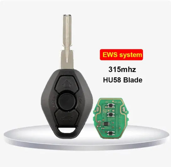 BMW EWS three-button straight remote key with ID44 transponder chip and HU58 blade.
