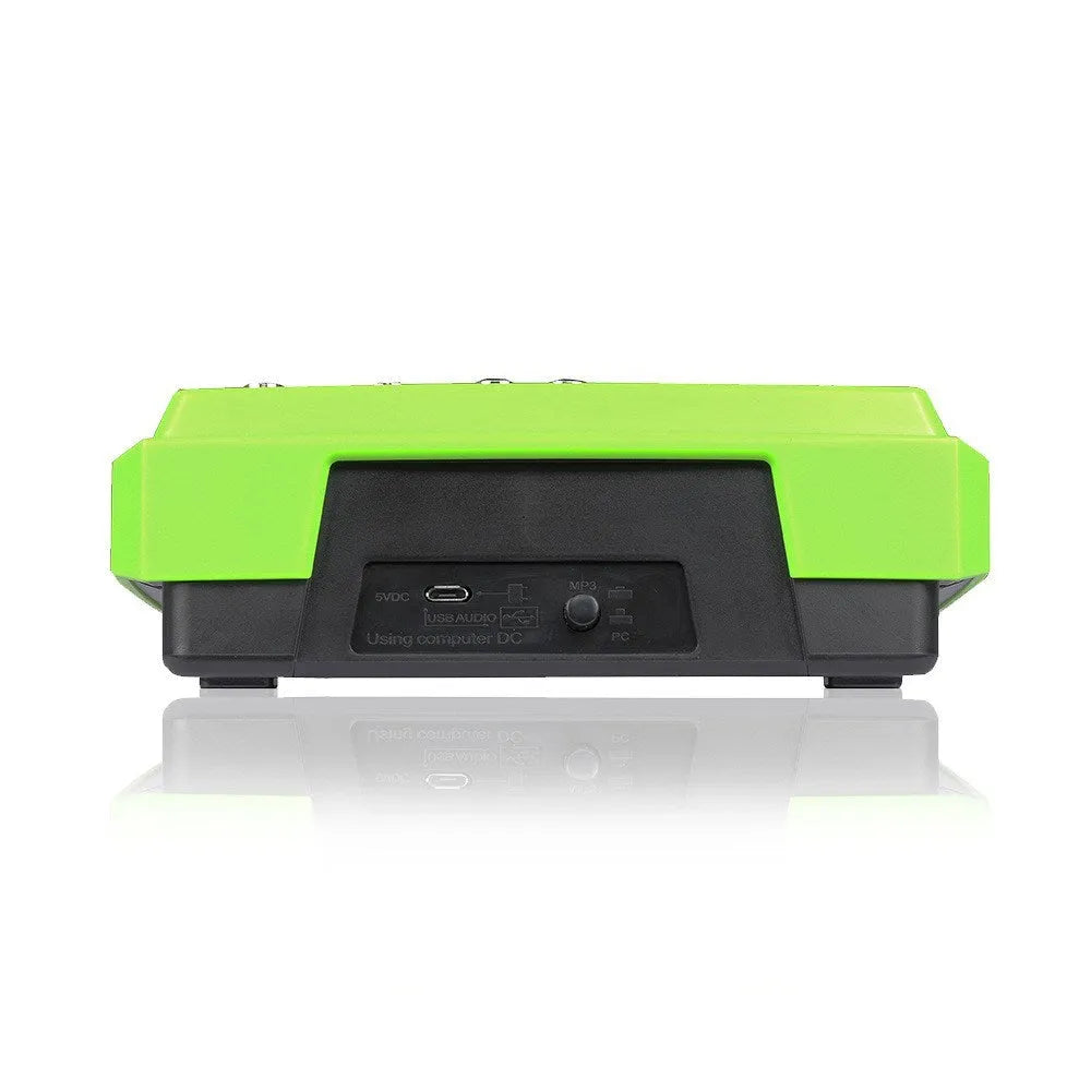 Audio processor unit with USB port and mixer controls in green, red, or yellow colour options