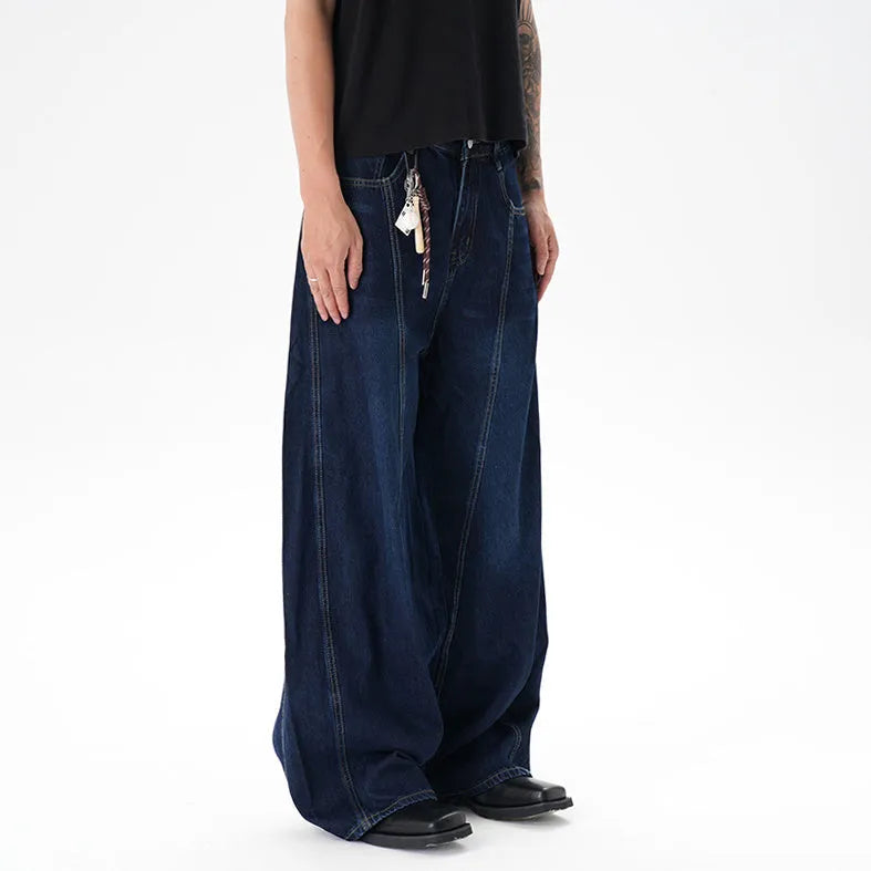 Women's washed distressed dark blue wide leg machete jeans on hanger