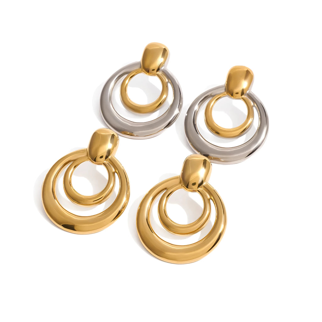 18K gold electroplated titanium steel hollow stud earrings with double layer geometric round design