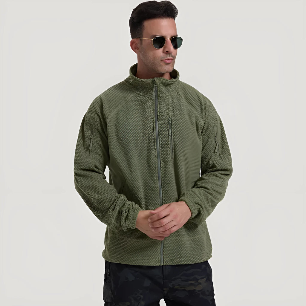 Men's polar fleece shell cycling jacket in army green, front view, solid colour design