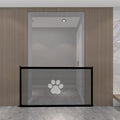 Folding cloth dog barrier fence with plastic rods, shown in dog footprint print, folded and unfolded.