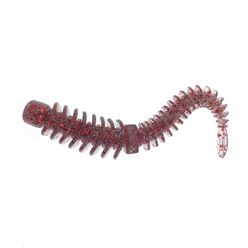 Soft plastic worm fishing lure with spoiler along its body and a twisted needle tail, shown in various colours.