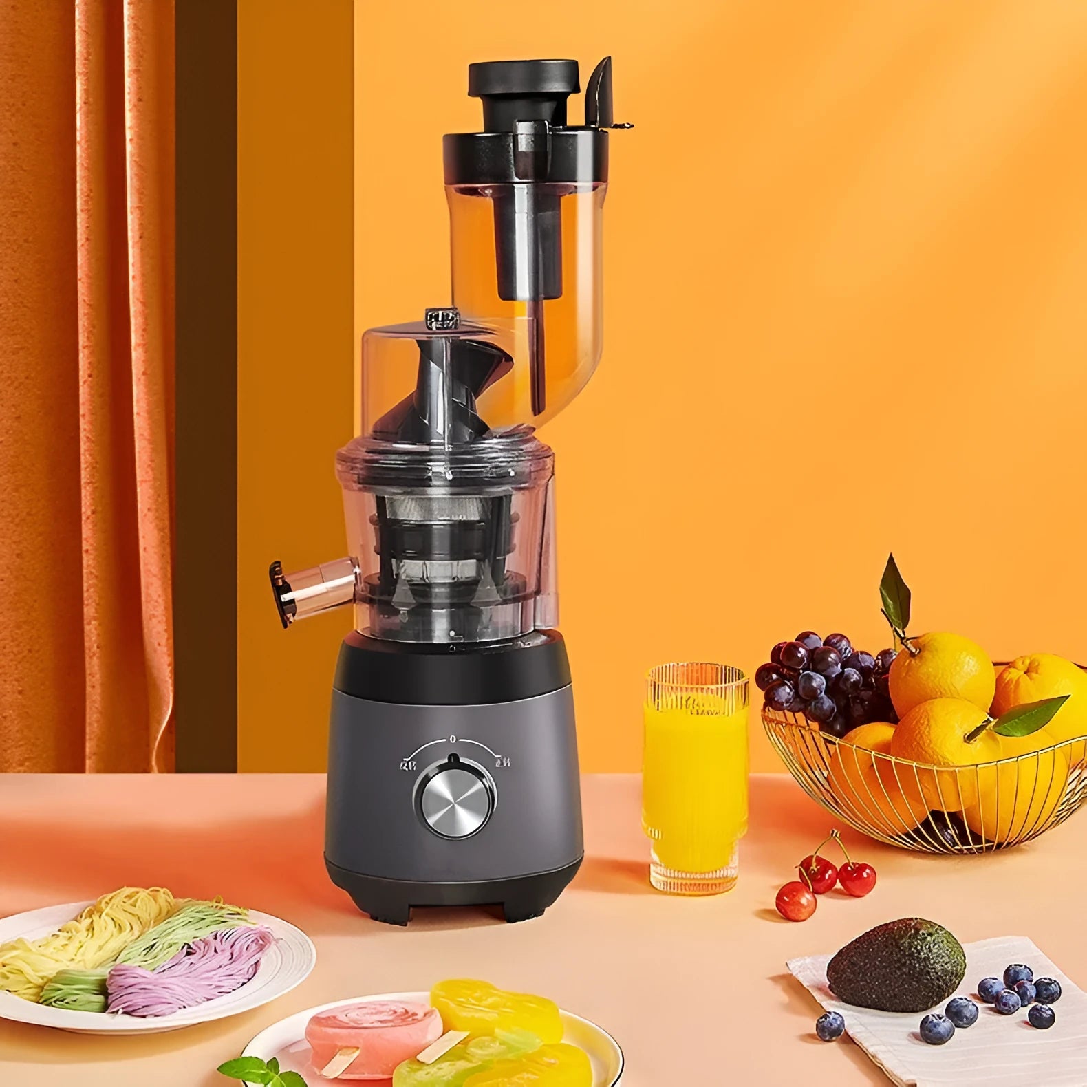 Grey juicing machine with multi-function separator, 90mm caliber, 600ml juice cup, slow 59 rpm extraction, US plug