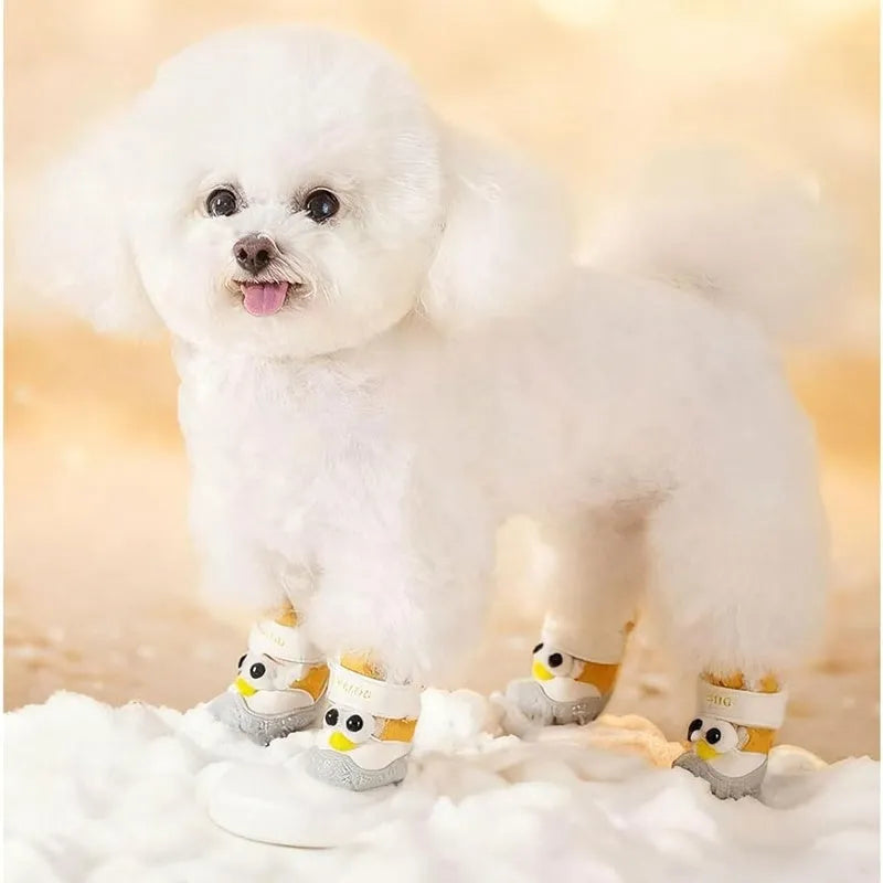 Brown thick warm anti-slip dog shoe with plush wool lining and adjustable strap for winter walking
