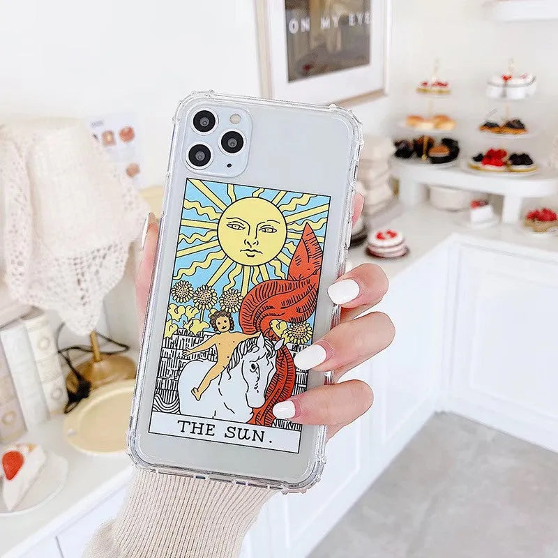 Creative Mythology graffiti cartoon design iPhone case in Sun colour next to Moon colour option.