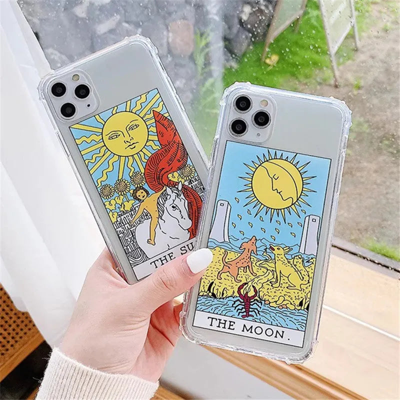 Creative Mythology graffiti cartoon design iPhone case in Sun colour next to Moon colour option.