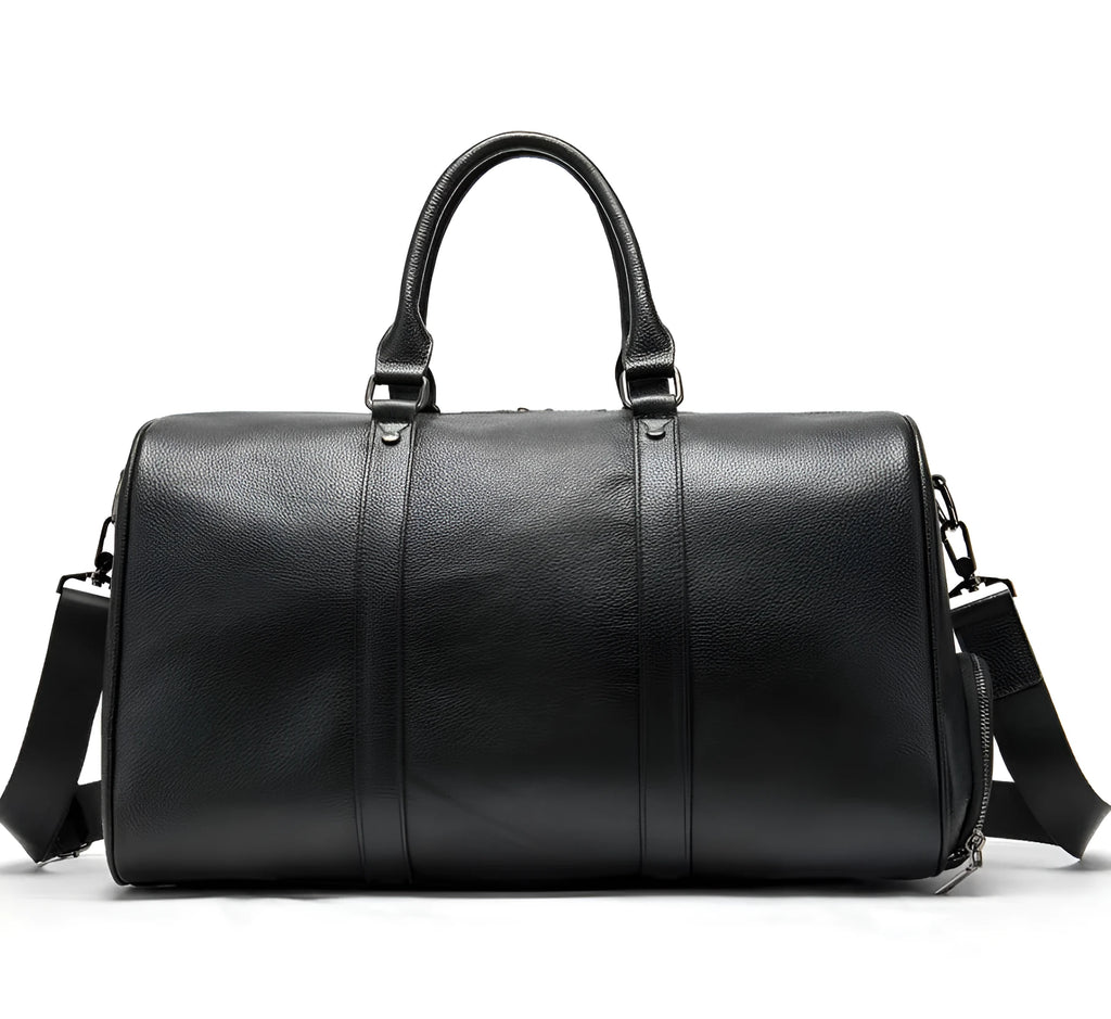 First layer cowhide leather travel bag with independent shoe compartment, zippered main closure, brown colour, soft handle and shoulder strap
