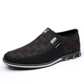 Men's grey and white synthetic leather slip-on loafers with a square toe and flat rubber sole.