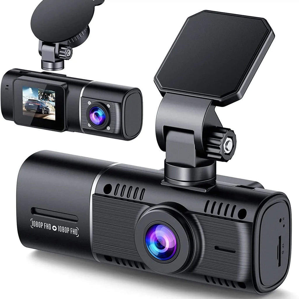 Black dual-channel car dash cam with 1.5-inch screen, front and rear cameras, mounted on a windscreen.