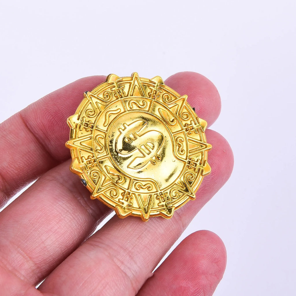 Plastic pirate gold coin toy with detailed design for Halloween dress-up costumes and pirate accessories