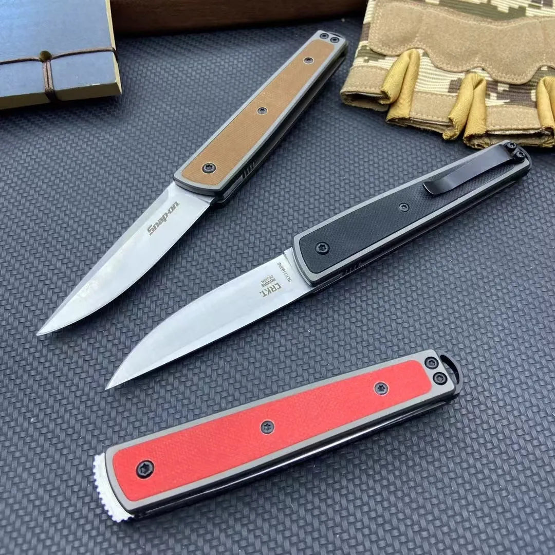 CRKT 7190 folding fruit knife with stainless steel blade in black, red, or coffee colour, showing closed and open positions