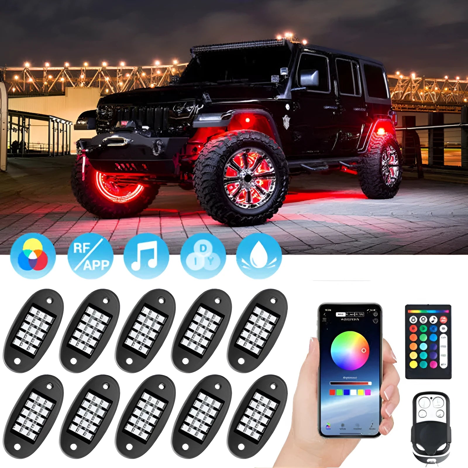 10-pod RGB rock light kit in black, with APP and remote control, IP68 waterproof, installed under a truck showing color options