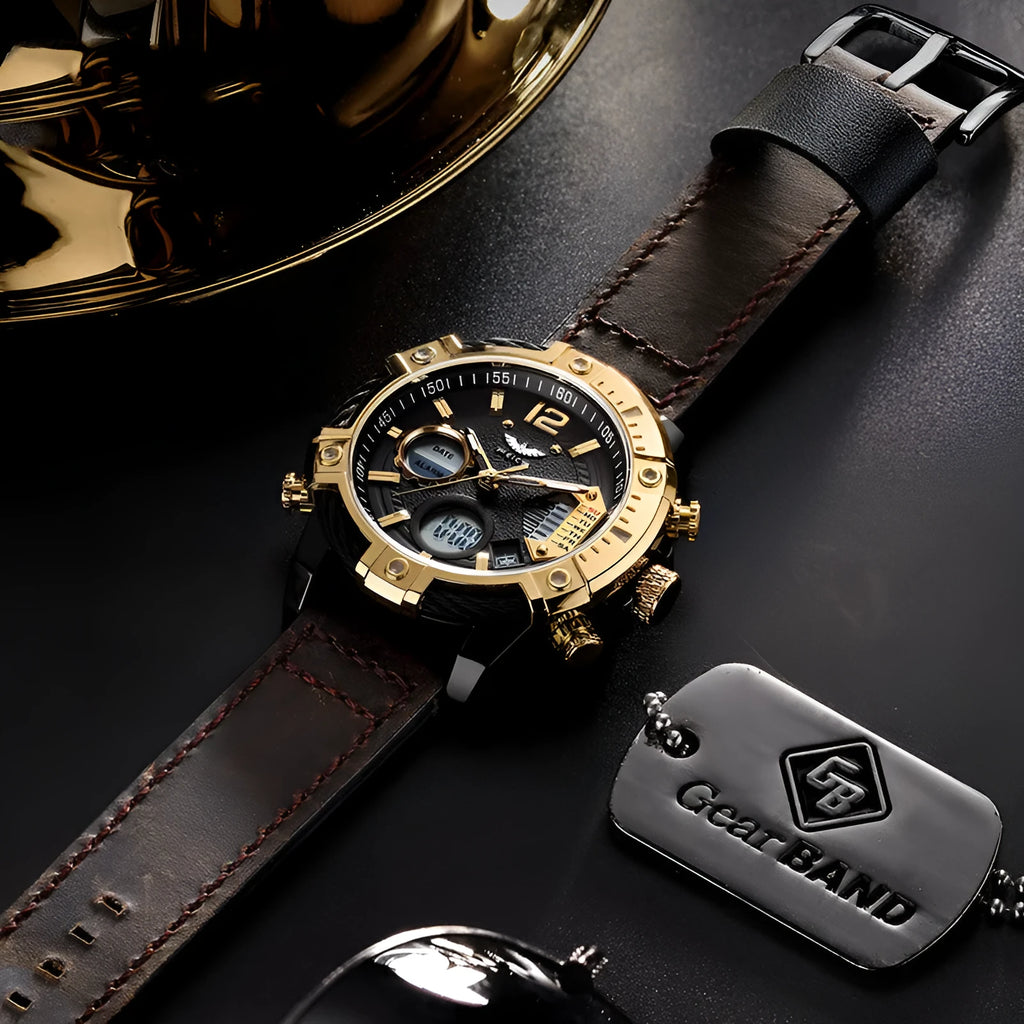 Men's 48mm luminous quartz watch with leather strap, stainless steel case, and mineral glass dial