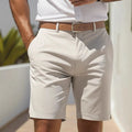 Men's light grey straight leg business suit shorts made from inelastic polyester fabric.