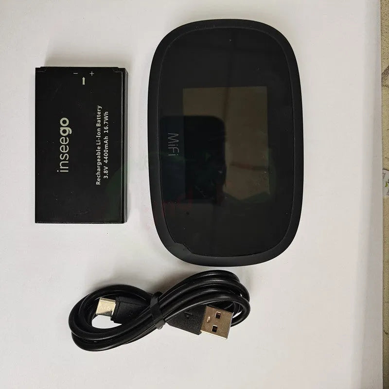 Black portable 4G wireless router with status lights, shown next to a SIM card and USB cable