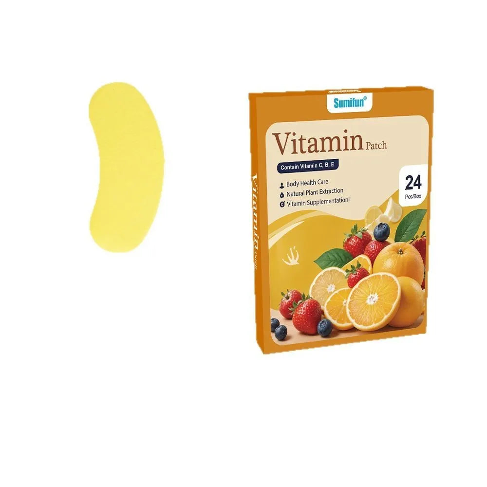 A box of pain relieving vitamin plaster patches containing 24 patches for topical use
