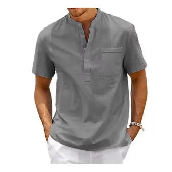 Men's solid colour stand collar polo shirt with short sleeves in lightweight bird eye cloth