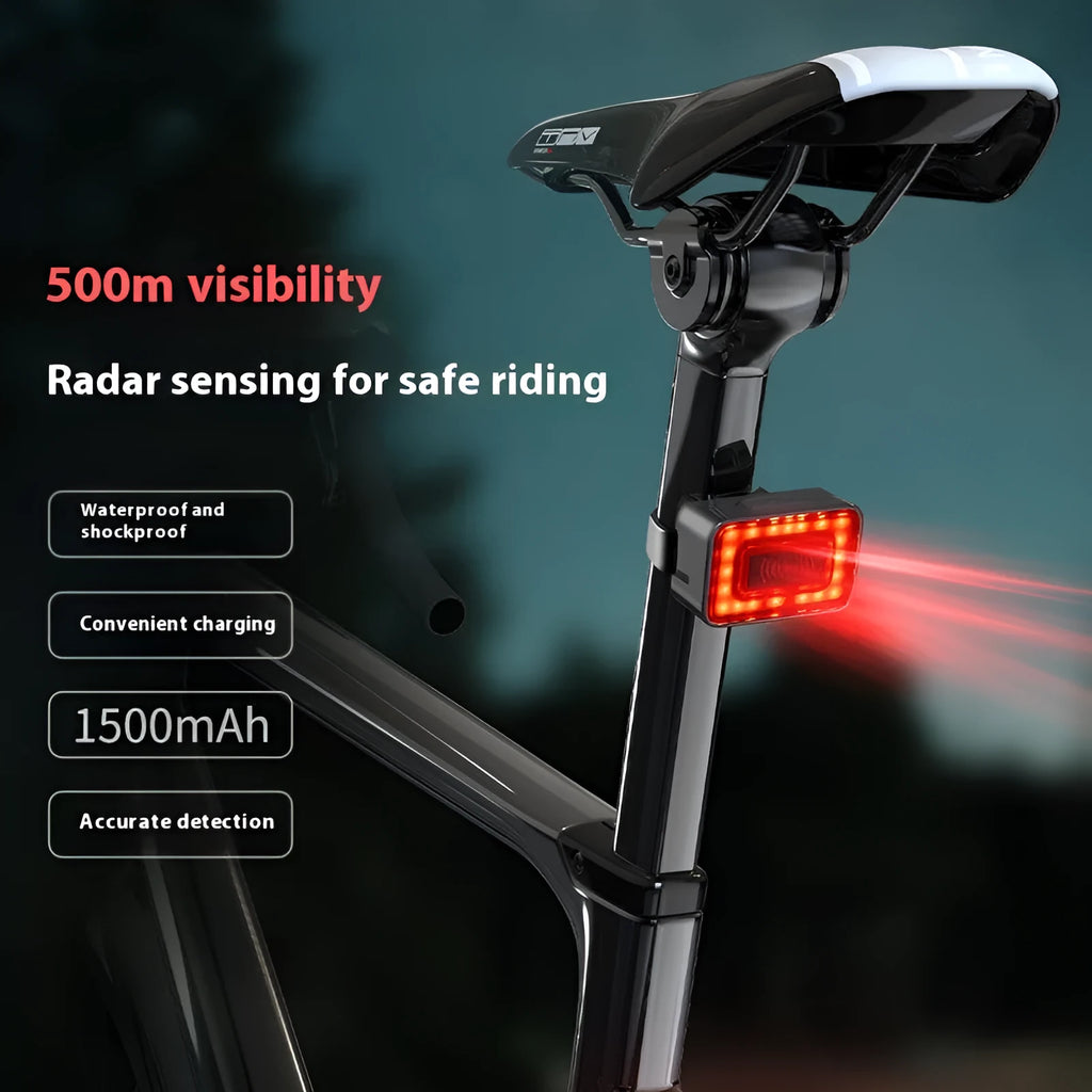 Compact black radar bicycle taillight with dual mount bracket on a bike seat post