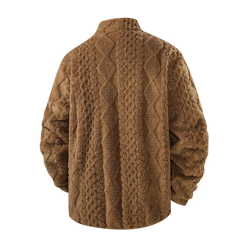 Fleece padded men's warm jacket in khaki with topstitching slit pocket, solid colour casual style