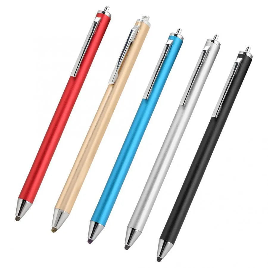 A black metal stylus with a fine silver tip on a touch screen tablet, showing a detailed line drawing.