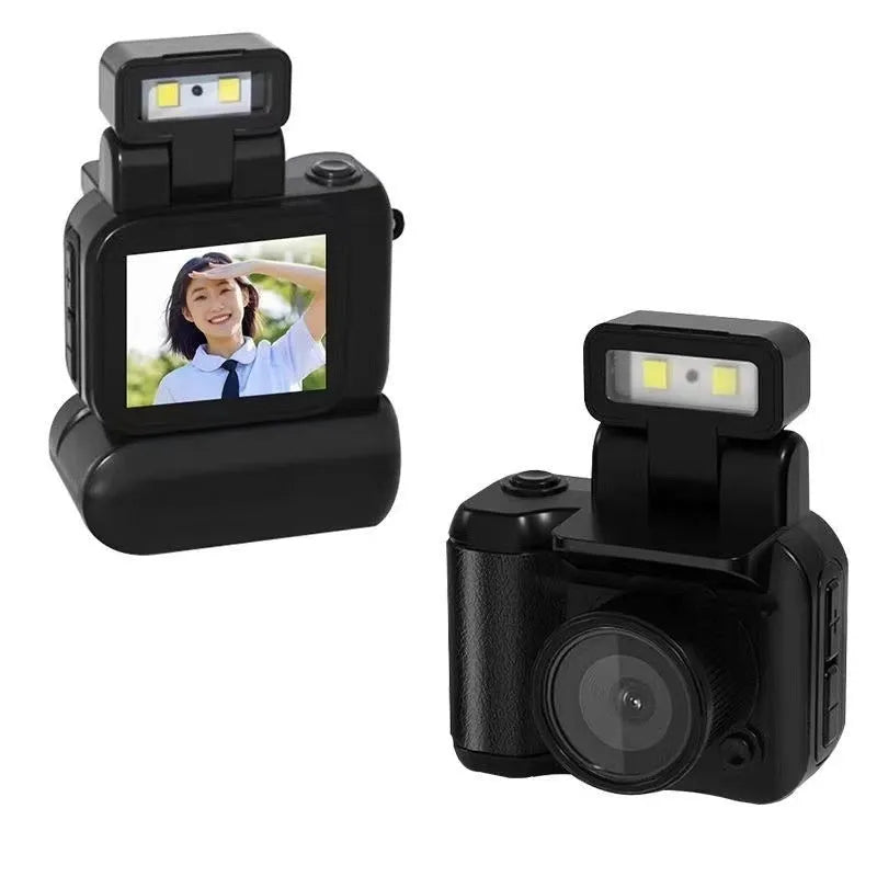 Portable small retro children's camera in black with 1.44 inch LCD screen and ABS body
