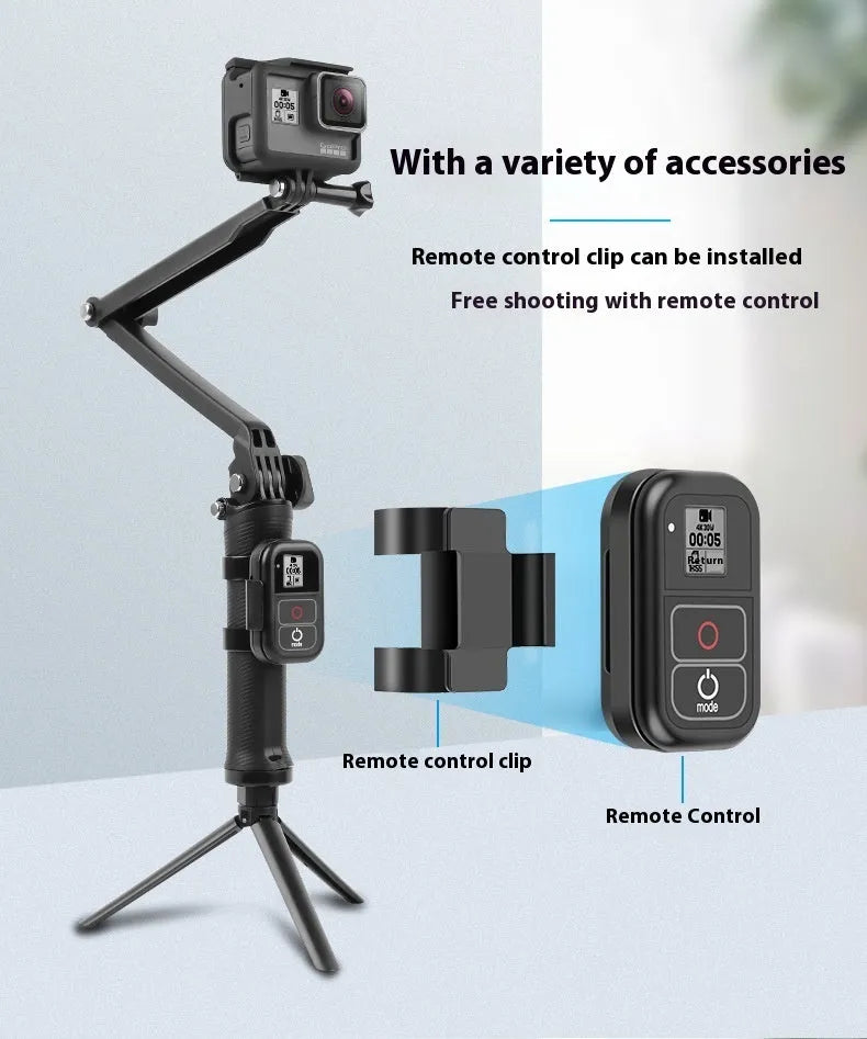 Black folding portable tripod stand for GoPro Hero action cameras on a white background.