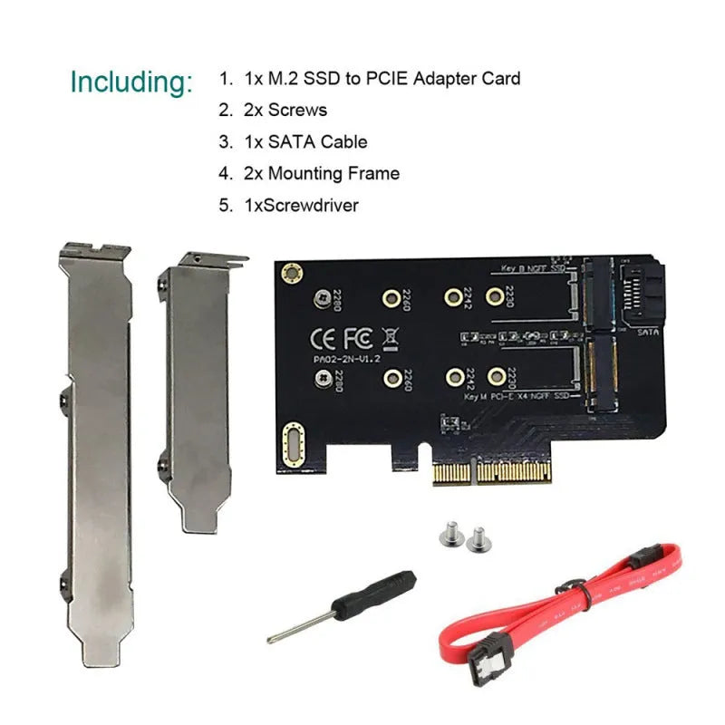 Black M.2 SSD adapter card with PCIe X4 interface, two M.2 slots (Key B and Key M), and support for 2230 2242 2260 2280 sizes